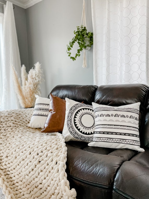 Set Of 4 Triangle And Brown Faux Leather Pillow Covers Set Of 4 Triangle And Brown Faux Leather Pillow Covers