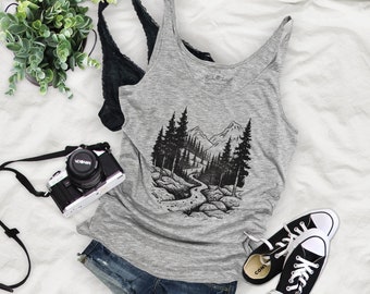 Forest Trail Woodcut Print Design Extra Flowy Womens Tank Top -FT