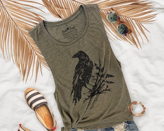 Black Raven Artwork Flowy Womens Premium Muscle Tank Top - BR