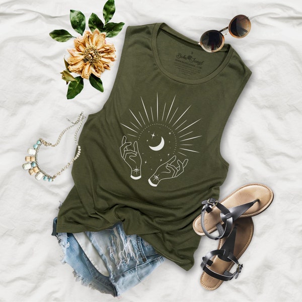 Lunar Stars and Moon Hands Flowy Festival Muscle Tank Top - LS14P