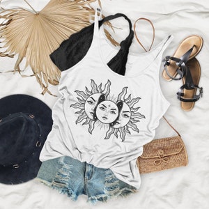 Vintage Solar Eclipse Sun and Moon Design Flowy Womens Tank Top - VSE