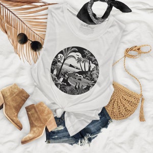 Bird Jungle Beach Cove Linocut Print Design Womens Flowy Basic Muscle Tank - BJ