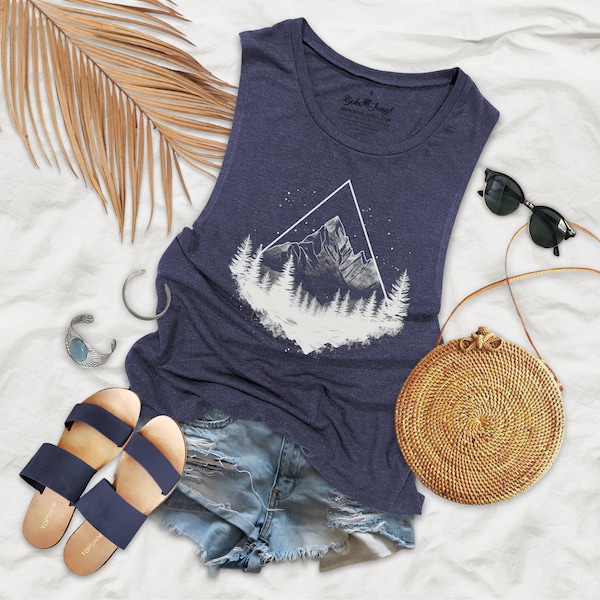 Alaskan Night Forest and Mountain Design Flowy Festival Womens Muscle Tank Top - AN12P
