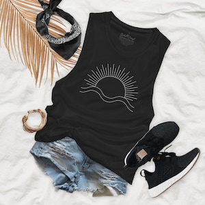 Bohemian Sunrise Minimalist Line Art Design Womens Flowy Muscle Tank - BSM14P