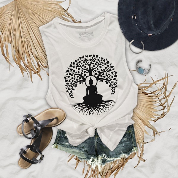 Bodhi Tree Buddha Meditation Design Womens Flowy Muscle Tank - BTB