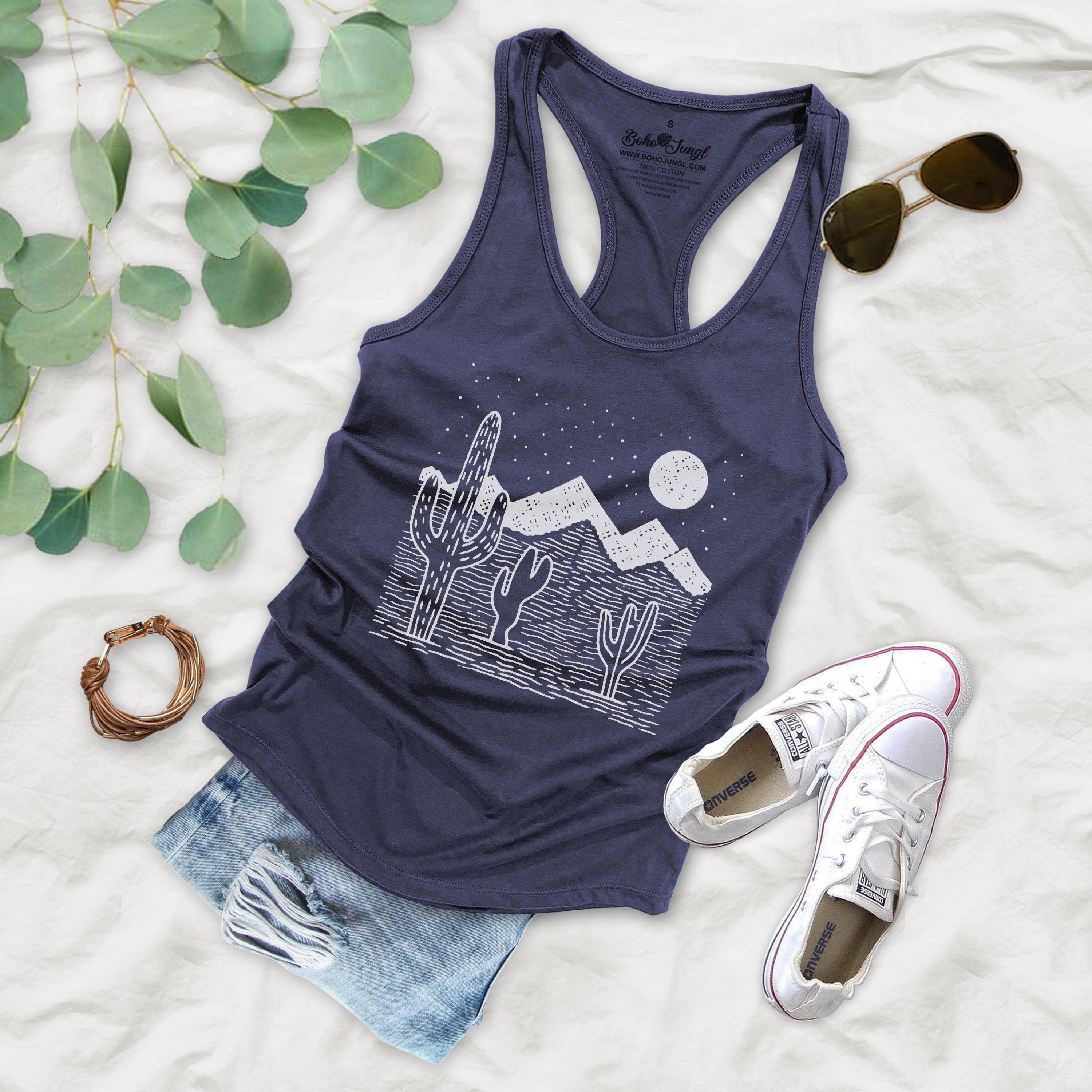 Cool Desert and Cactus Night Design Womens Basic Racerback Tank Top - CDC12P