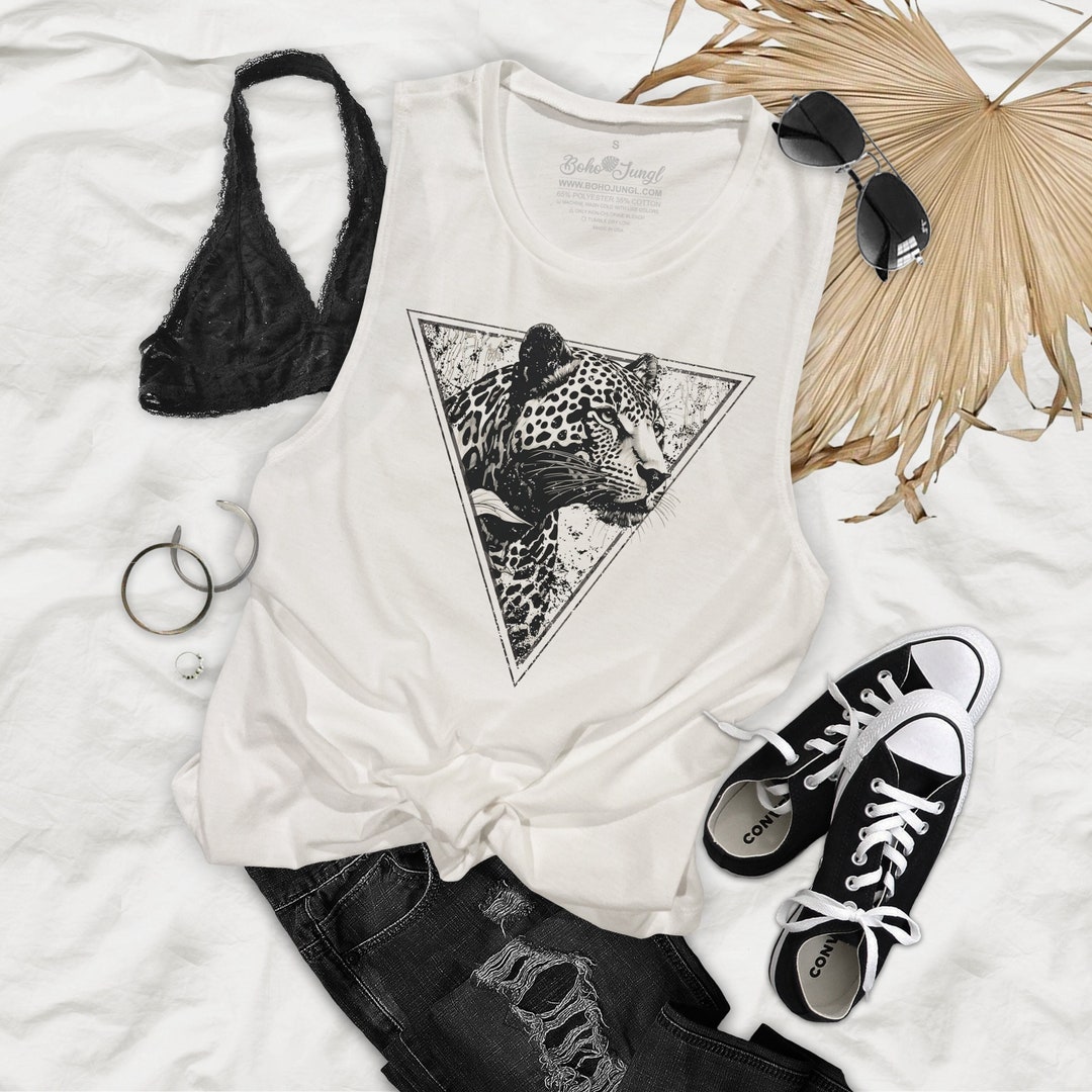 JUNGLE PRINTED MESH TANK W/ STRIPE RIBBING