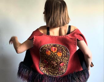 Wool Vest with Faux Fur and Handmade Embroidery,Ethnic Vest, Handmade Vest VIDANA