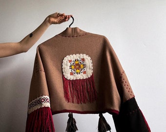 Brown Autumn/Spring Cape with Handmade Embroidery