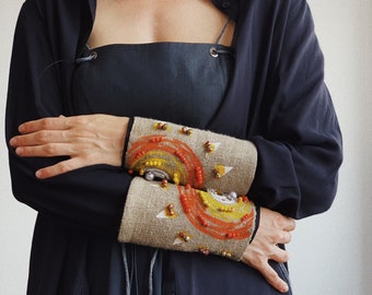 A Pair of Cuff Bracelets, Detachable Linen Cuffs with Exclusive Handmade Painting VIDANA