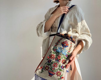 Embroidered Linen Bag, Tote Linen Bag, Shoulder Bag with Handmade Paintings and Embroidery Details