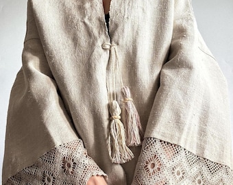 Linen cape (homespun linen) with handmade lace VIDANA