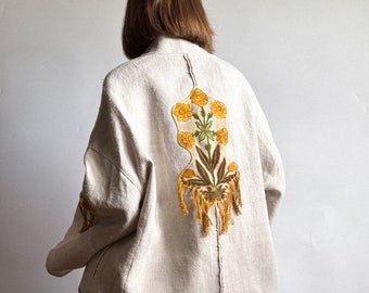 Linen cape (homespun linen) with handmade fringe VIDANA