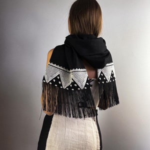 Wool Skarf Hood with Embroidery Details and Fringe image 6