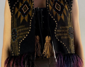 Wool Vest with Faux Fur and Embroidery,Ethnic Vest, Handmade Vest VIDANA