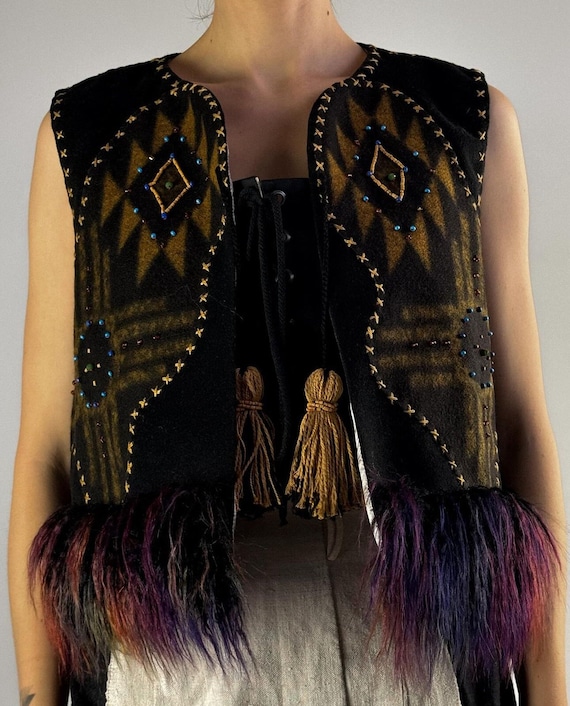 Wool Vest with Faux Fur and Embroidery,Ethnic Vest, Handmade Vest VIDANA