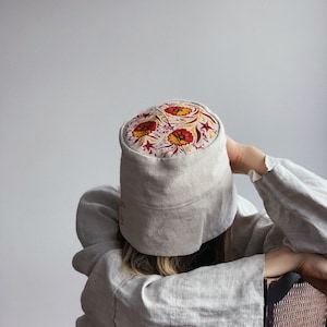 Linen Hat Bucket, Light Linen Hat, Vintage Linen Hat Bucket with Handmade Paintings