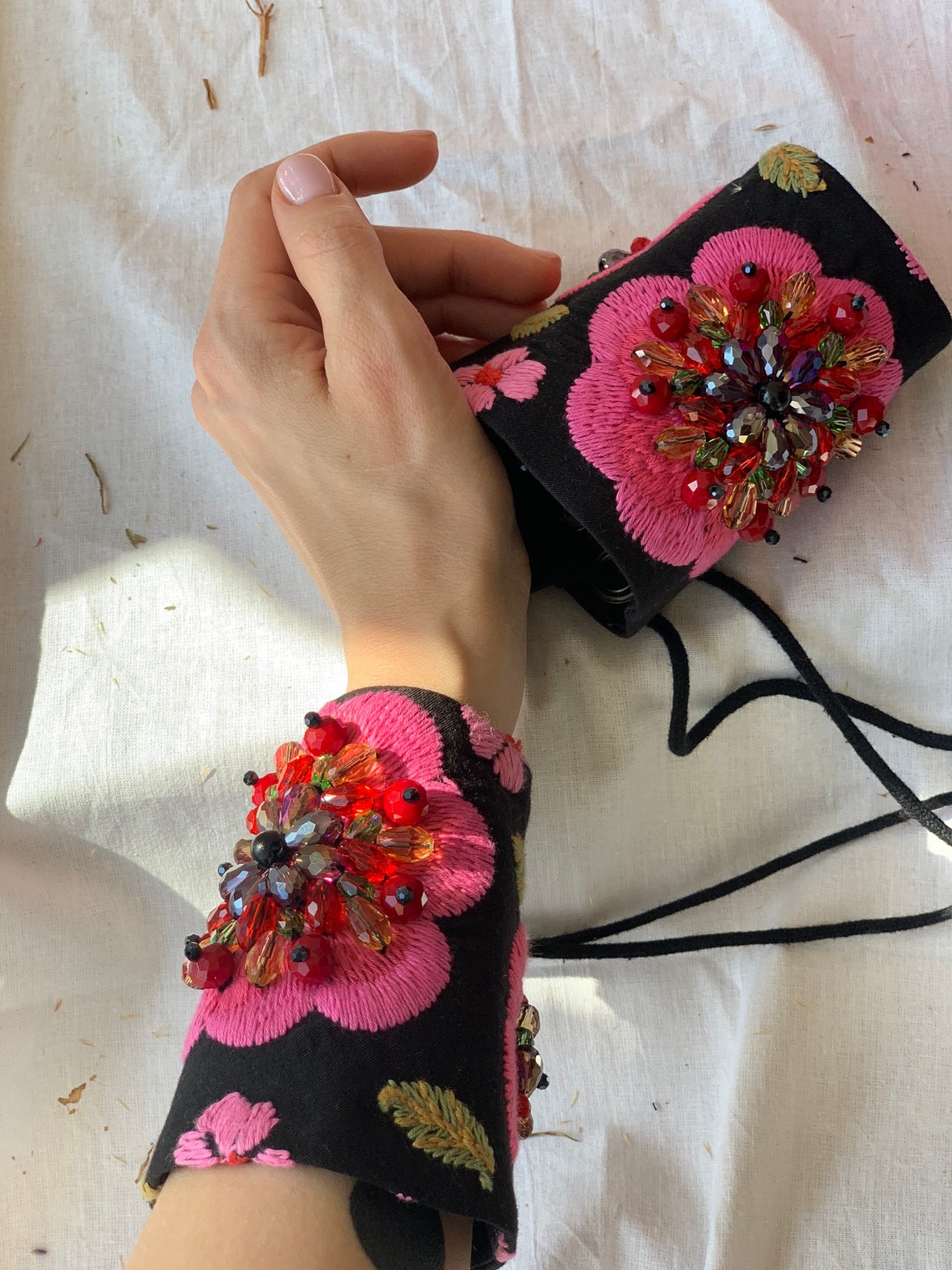 A Pair of Embroidered Detachable Cuffs Black linen cuffs Etsy