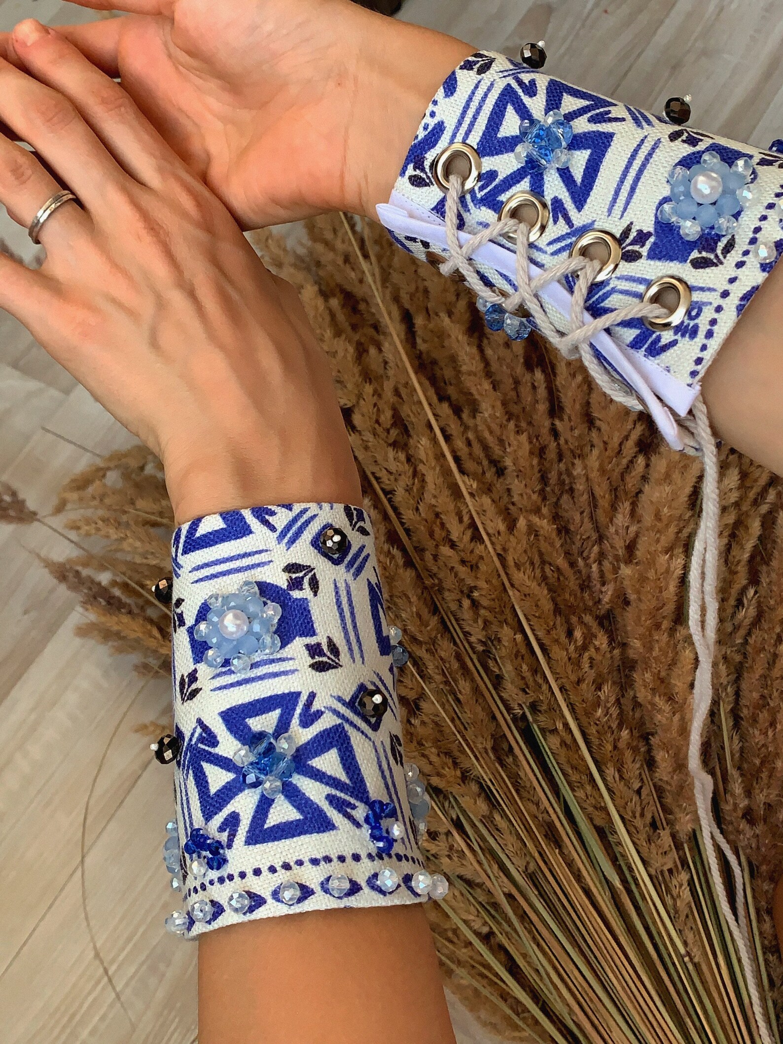 A Pair of Embroidered Detachable Cuffs With Blue Pattern and Etsy