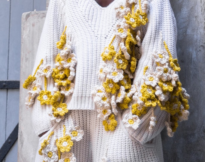 Wool Pullover with Crochet Flower Tassels