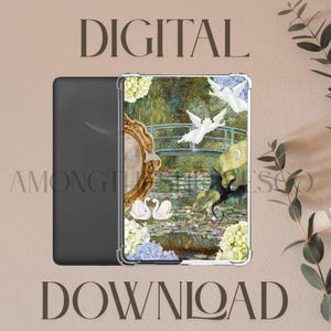 Puede incluir: Una funda para tableta digital con un collage de un estanque con un puente verde, cisnes blancos, querubines voladores, un marco de espejo dorado ornamentado y racimos de hortensias blancas y azules. El texto DIGITAL DOWNLOAD es visible al fondo.