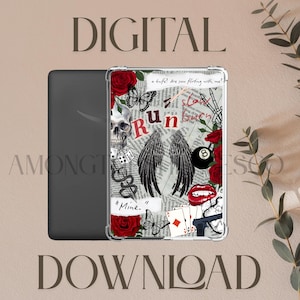 May include: A clear phone case with a collage design featuring red roses, butterflies, a skull, dice, playing cards, and the word "Run" in red. The case also has the text "a knife? Are you flirting with me?" and "Mine."