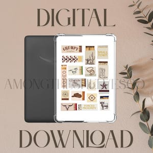 May include: Digital download image featuring a tablet with a clear case, displaying a collection of Western-themed illustrations. The images include a cowboy hat, boots, a horseshoe, and the text "GRUMPY" and "SMALL TOWN". The words "DIGITAL DOWNLOAD" are at the top and bottom.