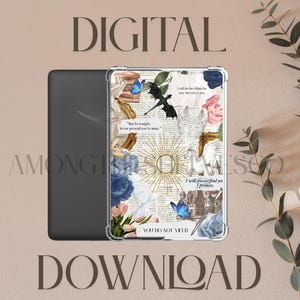 May include: A clear phone case with a collage design featuring a black dragon, butterflies, roses, and text. The case is next to a black e-reader. The words "DIGITAL DOWNLOAD" are at the top and bottom of the image.