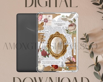 May include: A clear protective case for an e-reader with a collage design. The design includes a gold-framed mirror, roses, butterflies, and text. The words "DIGITAL" and "DOWNLOAD" are also visible.