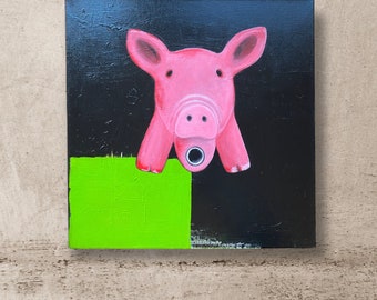 Happy Pink Baby Pig Picture, Animal Acrylic Painting, Original Wall Art, Dog Toy