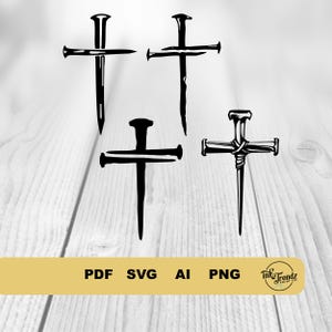 May include: Four black nail-shaped crosses, each with a different design. The crosses are on a white wood background.