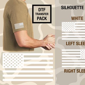 May include: A tan short-sleeve shirt with a white American flag design on the left sleeve. The image also shows a DTF Transfer Pack and silhouette flag designs for the left and right sleeves.