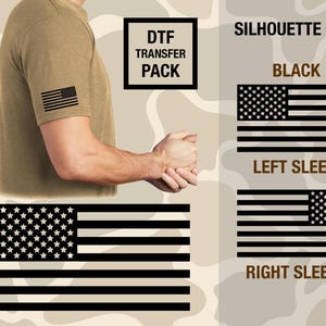 May include: A tan t-shirt with a black American flag design on the left sleeve. The image also shows a DTF Transfer Pack graphic and two additional flag designs labeled "Left Sleeve" and "Right Sleeve". The words "Silhouette Flag" are also visible.