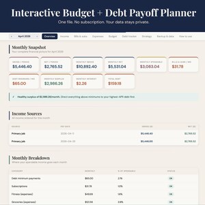 May include: A financial planning dashboard with the title "Interactive Budget + Debt Payoff Planner." The interface displays monthly financial data, including income, expenses, and debt information. The layout is clean, with a focus on key financial metrics.