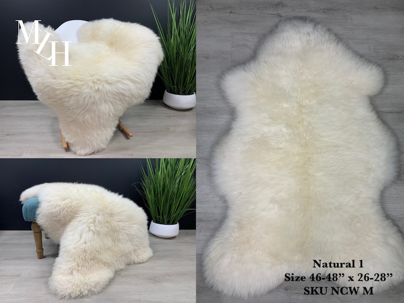 May include: White sheepskin rug, natural color, 46-48 inches by 26-28 inches, SKU NCW M.
