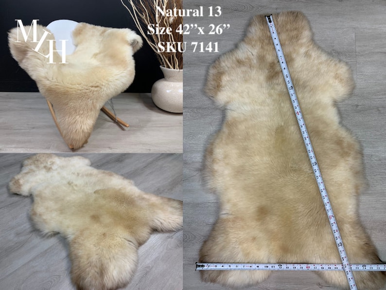 May include: Natural sheepskin rug in a light beige color. The rug is 42 inches by 26 inches and has a soft, fluffy texture. The rug is shown in three different positions, including on a wooden chair, on a wooden floor, and laid flat with a measuring tape.