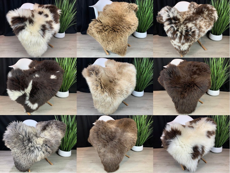 May include: Nine sheepskin rugs in various colors and patterns, including white, brown, and black, displayed on white chairs with green plants in pots.