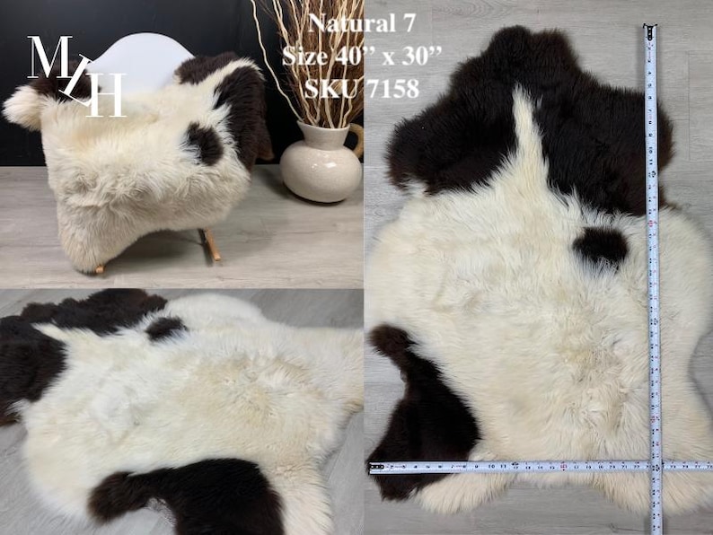 May include: Natural 7 sheepskin rug in white and brown with a size of 40" x 30" and SKU 7158. The rug is shown on a wooden floor and a white chair.