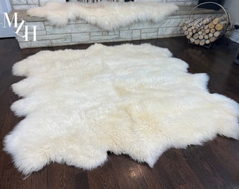 Alfombra de piel de oveja blanca natural auténtica, doble capa, 1,98 x 0,61 m / Alfombra de piel de oveja, cama para mascotas, manta, decoración del hogar, regalo / Piel de oveja auténtica