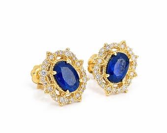 14K Yellow Gold Sapphire & Diamond Stud Earrings 1-1/3 CTW Sapphire 1/8 CTW Diamond Oval Halo
