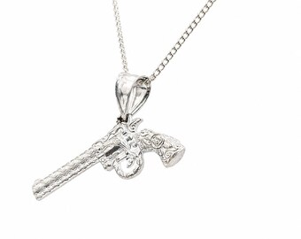 Magnum Gun Rose Engraving Necklace Pendant, Sterling Silver Gun Pendant, Western Revolver Jewelry, Detailed Pistol Charm