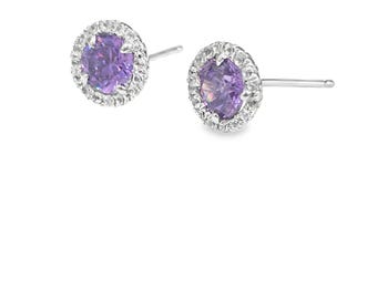 Sterling Silver Halo Amethyst & White Sapphire Stud Earrings – 5mm (February Birthstone) Earrings – 1.00 CT