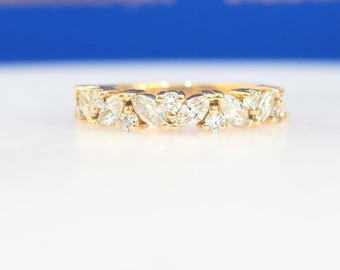 14KT Yellow Gold Marquise & Round Lab Grown Diamond Band | 0.70 CTW Diamond Ring | Stackable Wedding Band | Anniversary Gift