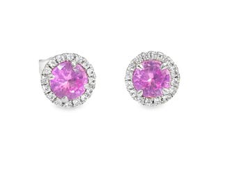 Created White Sapphire & Pink Sapphire Sterling Silver Halo Birthstone Stud Earrings