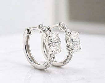 14KT White Gold Oval Diamond Hoop Earrings