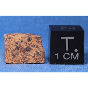 May include: A rough-hewn, irregularly shaped rock sample with a mottled brown and dark gray appearance. Next to it is a black cube with the text "T" and "1 CM" in white, indicating a size reference. The background is a solid blue.