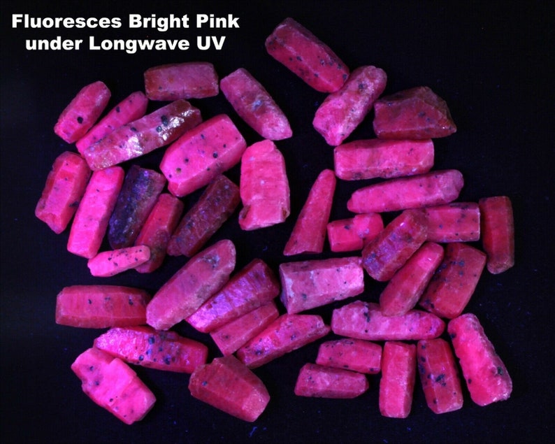 May include: A collection of pink ruby crystals fluorescing brightly under longwave UV light. The crystals are all elongated and have a rough, natural surface.