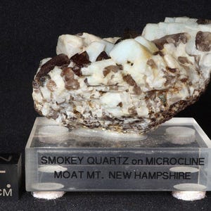 May include: A close-up of a smoky quartz crystal cluster on a microcline matrix. The crystals are brown and clear, and the matrix is white. The specimen is labelled "Smokey Quartz on Microcline, Moat Mt. New Hampshire" and measures 1 cm.