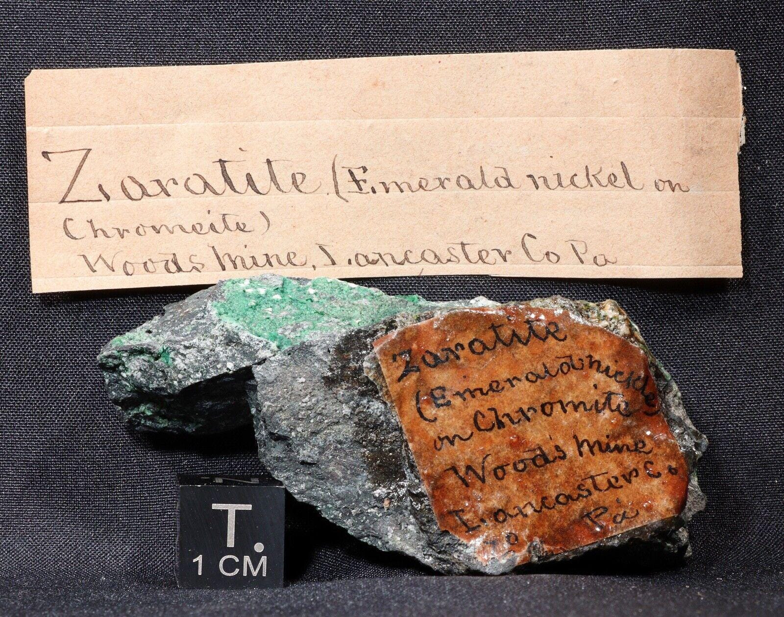 Seltene Zaratite Genthite Woods Chrome Mine, Lancaster, Pennsylvania - 1800's Label