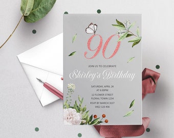 Instant Download Birthday Party Invitation / Female Birthday Invitation / 90th Birthday Invitation / 90th Party /Floral Birthday Invitation